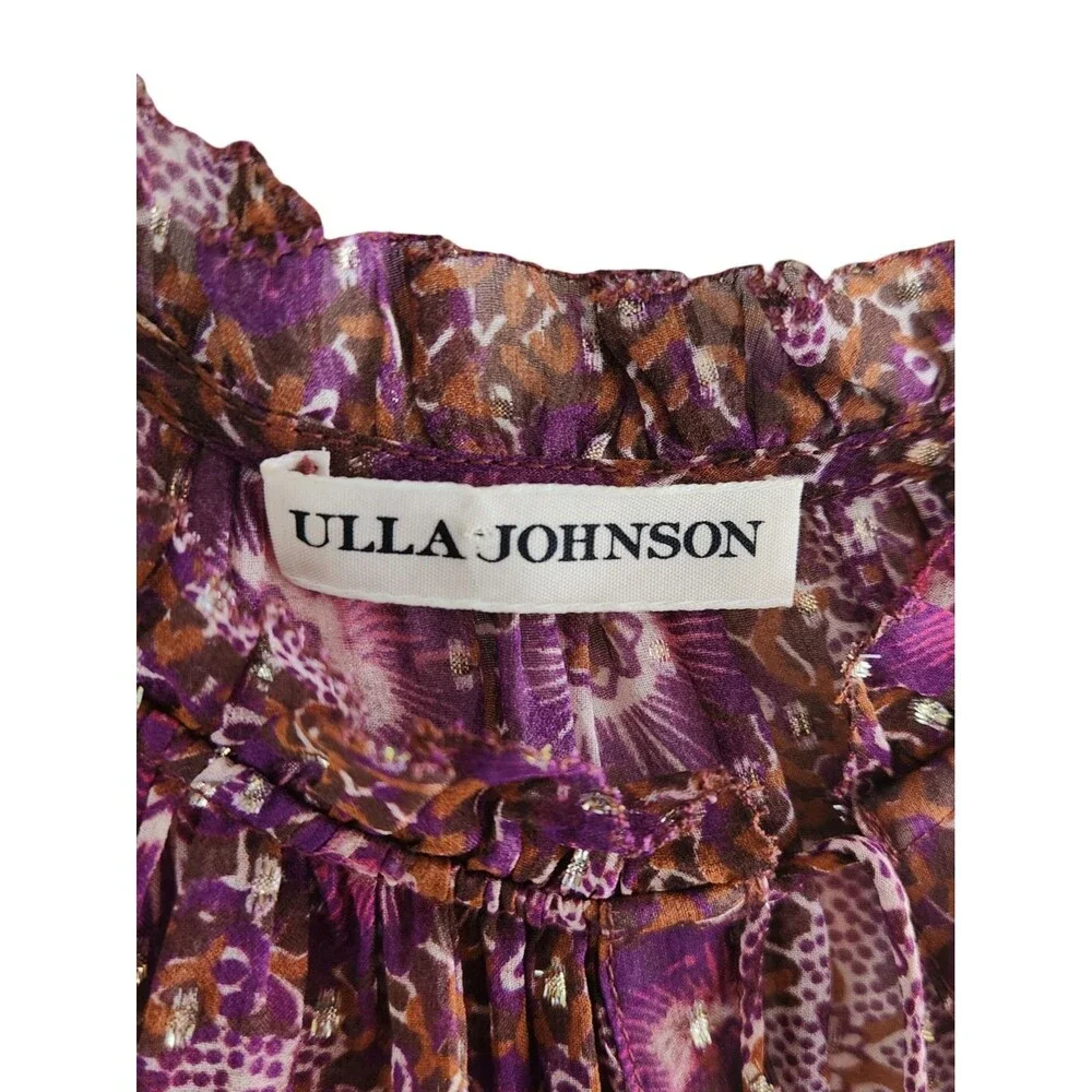 Ulla Johnson Marilla Blouse Silk Floral Sheer Ruffle Metallic Pink Top 8